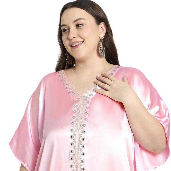 Gypsie Blu Women Summer Satin Embroidery Caftan Dress Beach Cover Up Maxi Dress - Picture 4 of 6